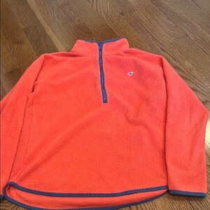 Orange Fleece Pullover with Blue Trim